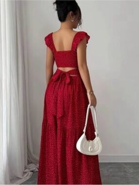 Red Two-Piece Maxi Dress with Bow Back